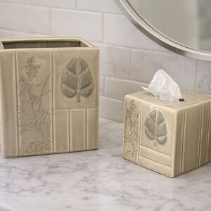 Bacova Guild 2005 bathroom set. Tissue and wastebasket. Botanical ceramic